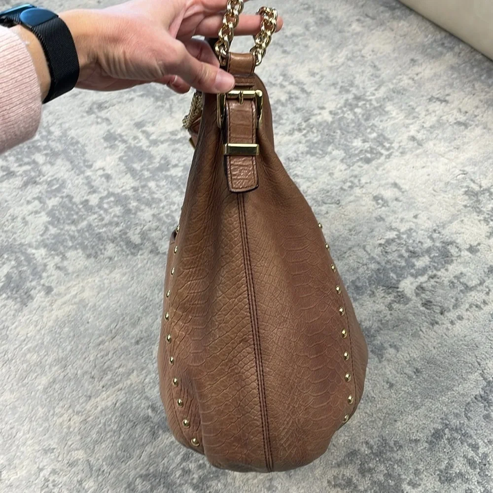 MICHAEL Michael Kors Middleton Hobo Bag Studded Embossed Leather Brown Cognac